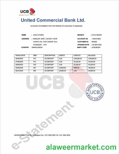 Bangladesh United Commercial Bank account statement Word and PDF template